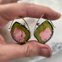 Watermelon Tourmaline Earrings with Diamond and Spinel